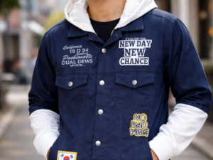 Men’s Navy Blue Hooded Jacket with Printed Design