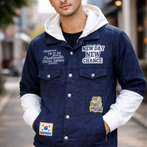 Men’s Navy Blue Hooded Jacket with Printed Design