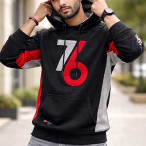 Men’s Stylish Winter Hoodie – Black 76 Print