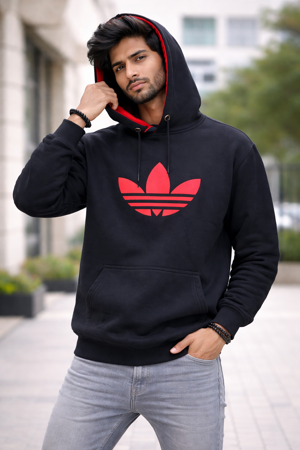 Winter Hoodie – Black Printed Design Men wearing black printed winter hoodie