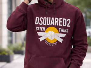 Men wearing maroon printed winter hoodie