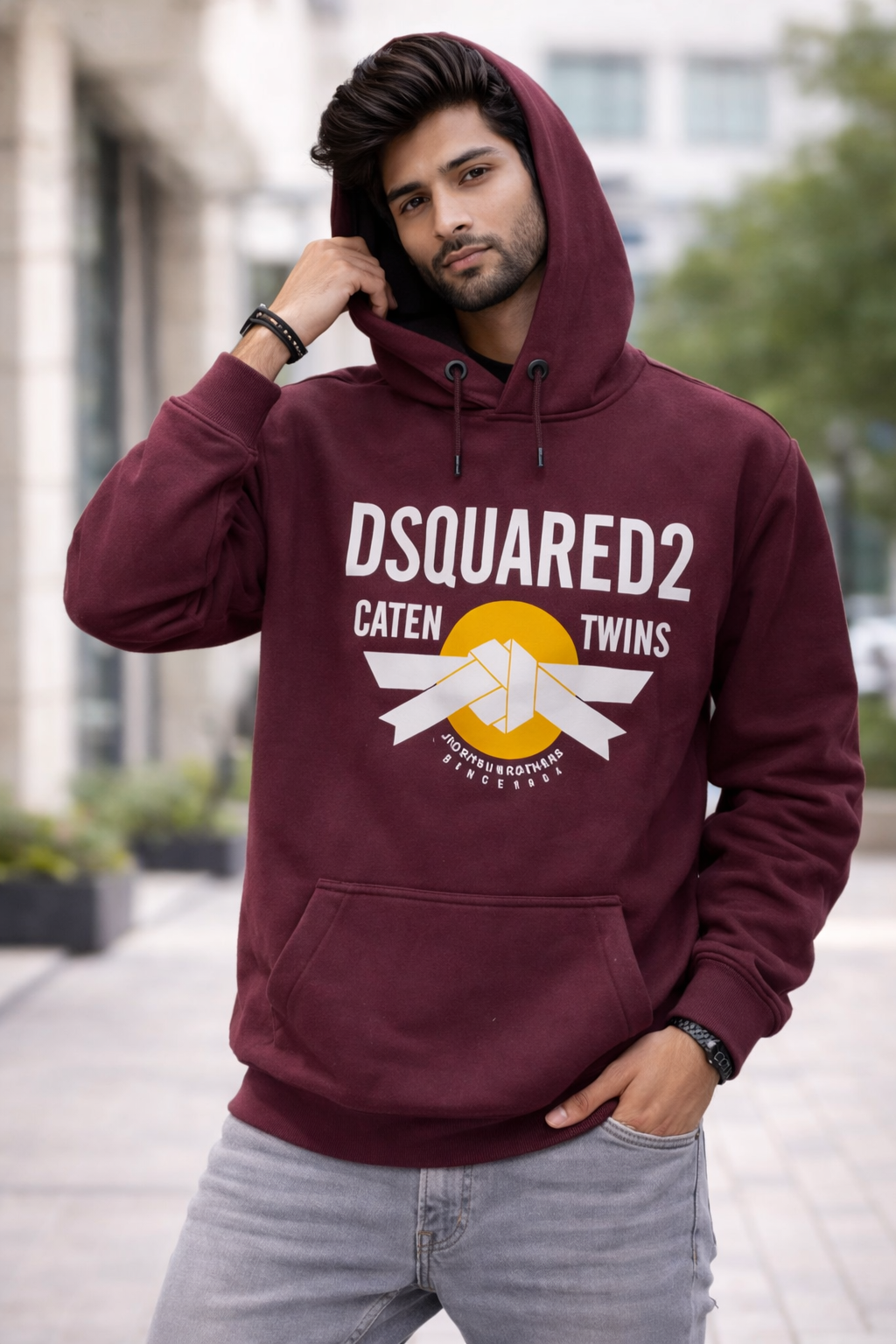 Winter Hoodie – Maroon Printed Design Men wearing maroon printed winter hoodie