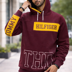 Men wearing maroon winter hoodie with printed design
