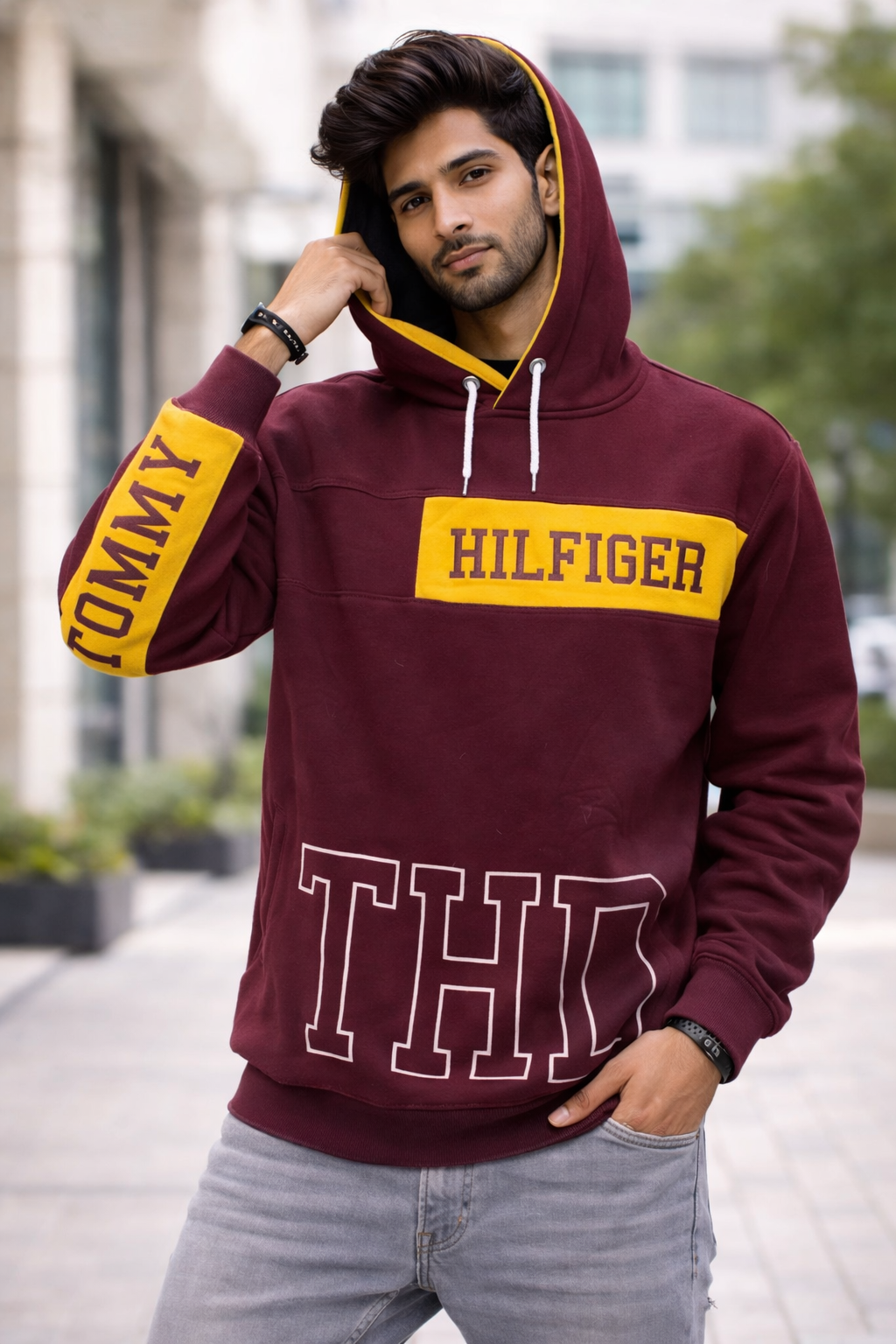 Winter Hoodie – Maroon & Yellow Printed Design Men wearing maroon winter hoodie with printed design