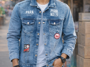 Men wearing blue denim jacket with black pants, stylish casual outfit for men