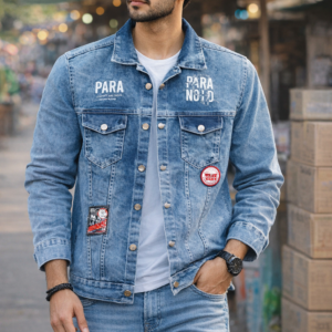 Men wearing blue denim jacket with black pants, stylish casual outfit for men