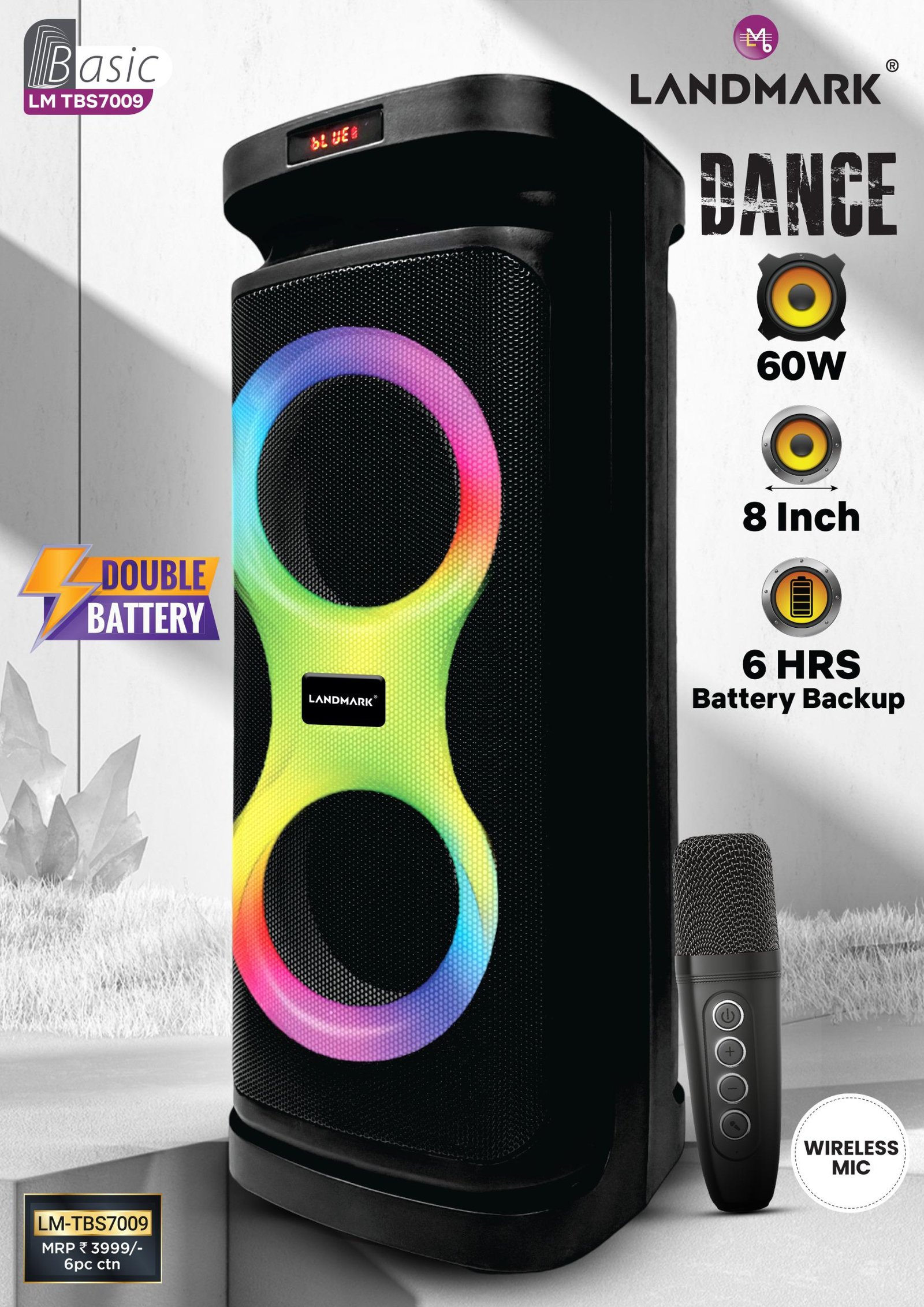 Landmark Dance 60W Bluetooth party speaker with RGB lights and wireless mic Landmark Dance 60W Bluetooth party speaker with RGB lights and wireless mic